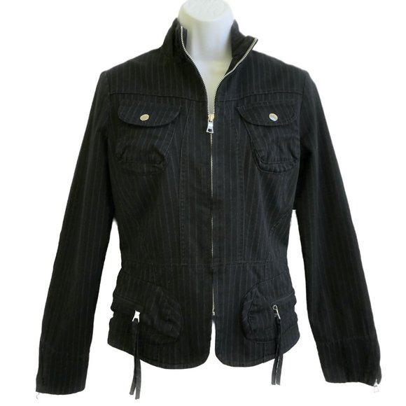 Banana Republic Pinstriped Jacket Elbow Patches Pockets Full Zip Safari Travel S - Picture 4 of 8